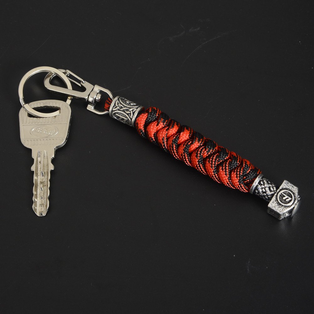 Viking Mens Paracord Lanyard Keychains-Custom Handmade Keyring with Viking Rune Beads Norse Thor's Hammer Beads Braided 550 Paracord Keychain Black Viking Jewelry Gift for Men and Women (Red)