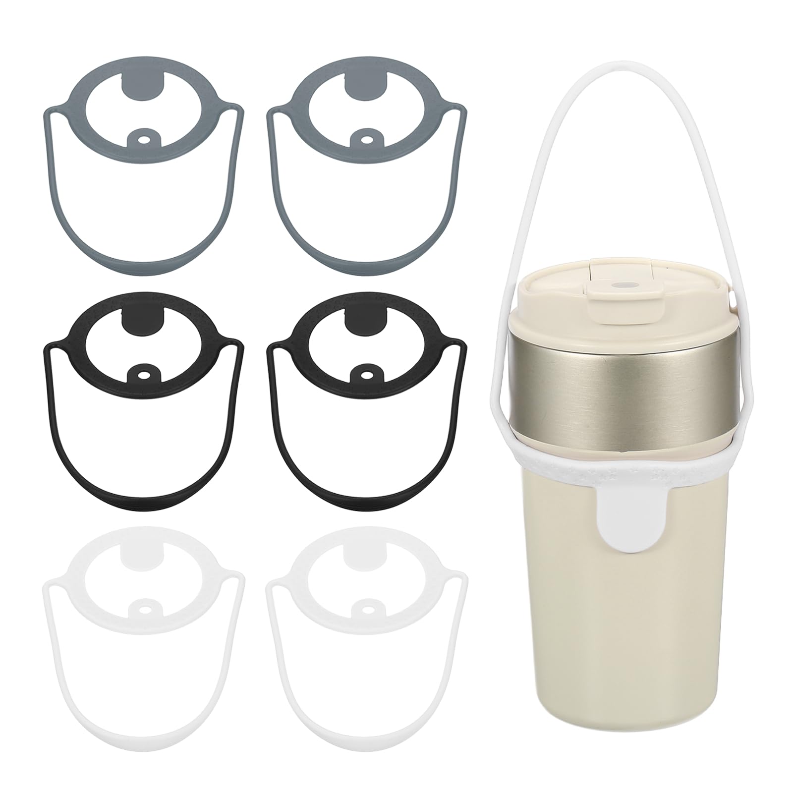 YELARXI Silicone Coffee Cup Carrier, Reusable Drink Carrier Tea Holder Sleeve Handle Strap with Straw Ring 3 Pcs & Black/White/Gray -Fitting for (Travel/Take Out/Daily Use)