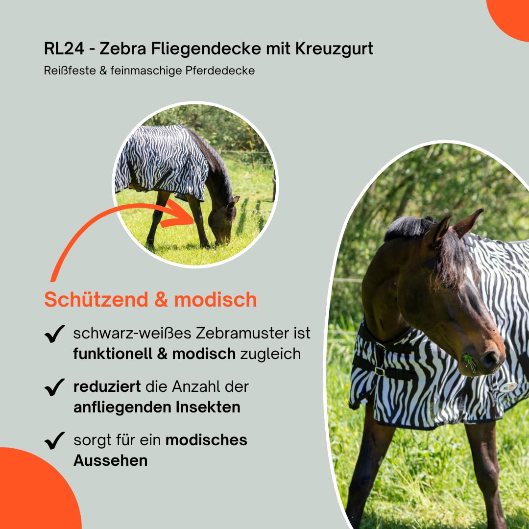 Zebra Fliegendecke mit Kreuzgurt – reißfeste & feinmaschige Pferdedecke – Weidedecke – 145 cm