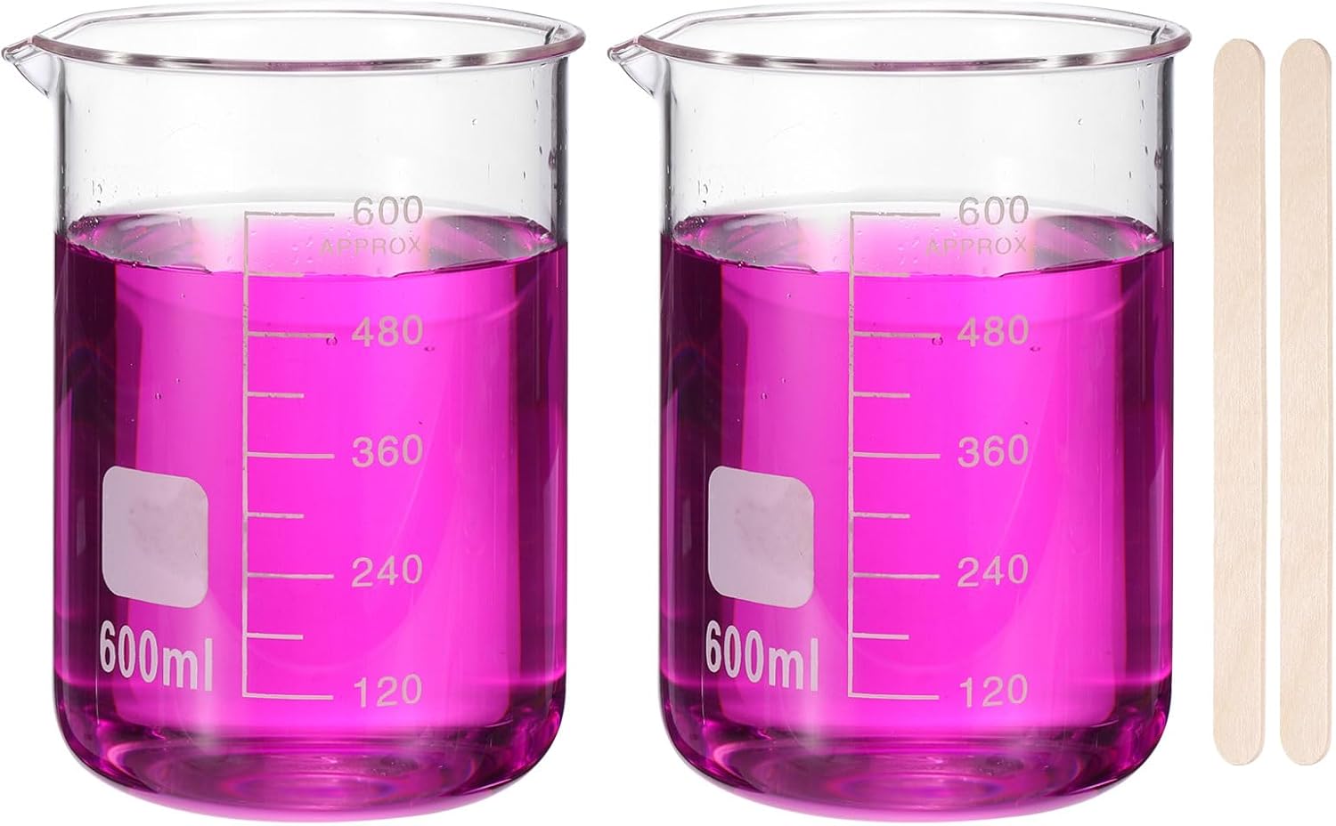 PATIKIL 600ml Glass Beaker, 2 Pack Measuring Glass Beaker Graduated Borosilicate Lab Cups Mug Low Form Heat Safe Transparent with 50pcs Wood Sticks for Laboratory Science Kitchen Liquids