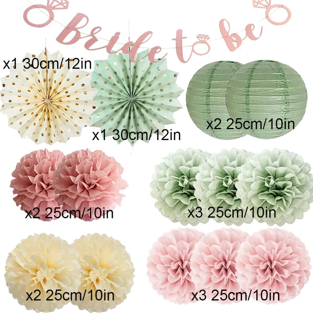 Sage Green and Pink Bridal Shower Decorations Dusty Blush Pink Bachelorette Party Decorations Bride to Be Banner Wedding Party Decor with Paper Pom Poms Lanterns - Image 6