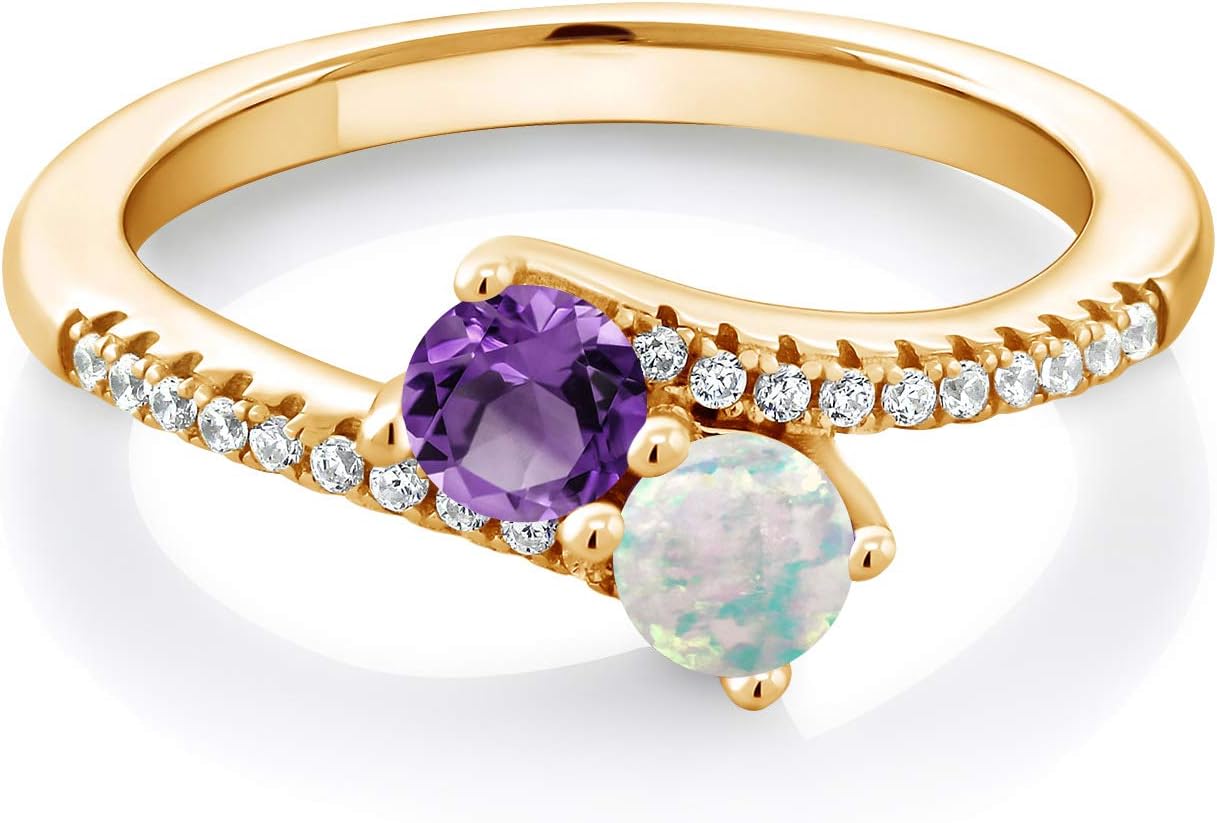 Gem Stone King 18K Yellow Gold Plated Silver Purple Amethyst and White Opal Bypass Ring For Women | 0.74 Cttw | Gemstone Birthstone | Round 4MM | Wedding Engagement Anniversary Promise Ring