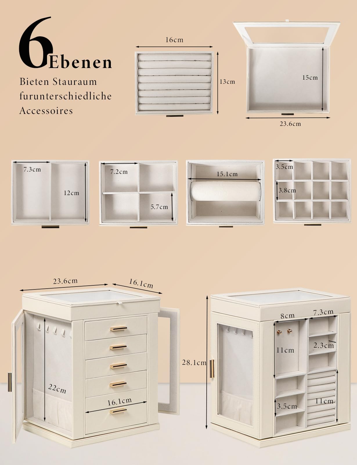 Schmuckkästchen 360° drehbar, 6 Ebenen Schmuckschatulle, Groß Schmuckkasten für Damen, Glasfenster, offenes Design, Schmuckaufbewahrung für Ringe Ohrringe Halskette Geschenkbox für Mädchen Frauen