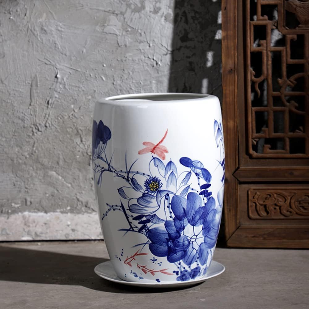 Ceramiczna doniczka w stylu Chinoiserie, niebiesko-biała, ceramiczna doniczka dekoracyjna z otworem drenażowym - E, B,D