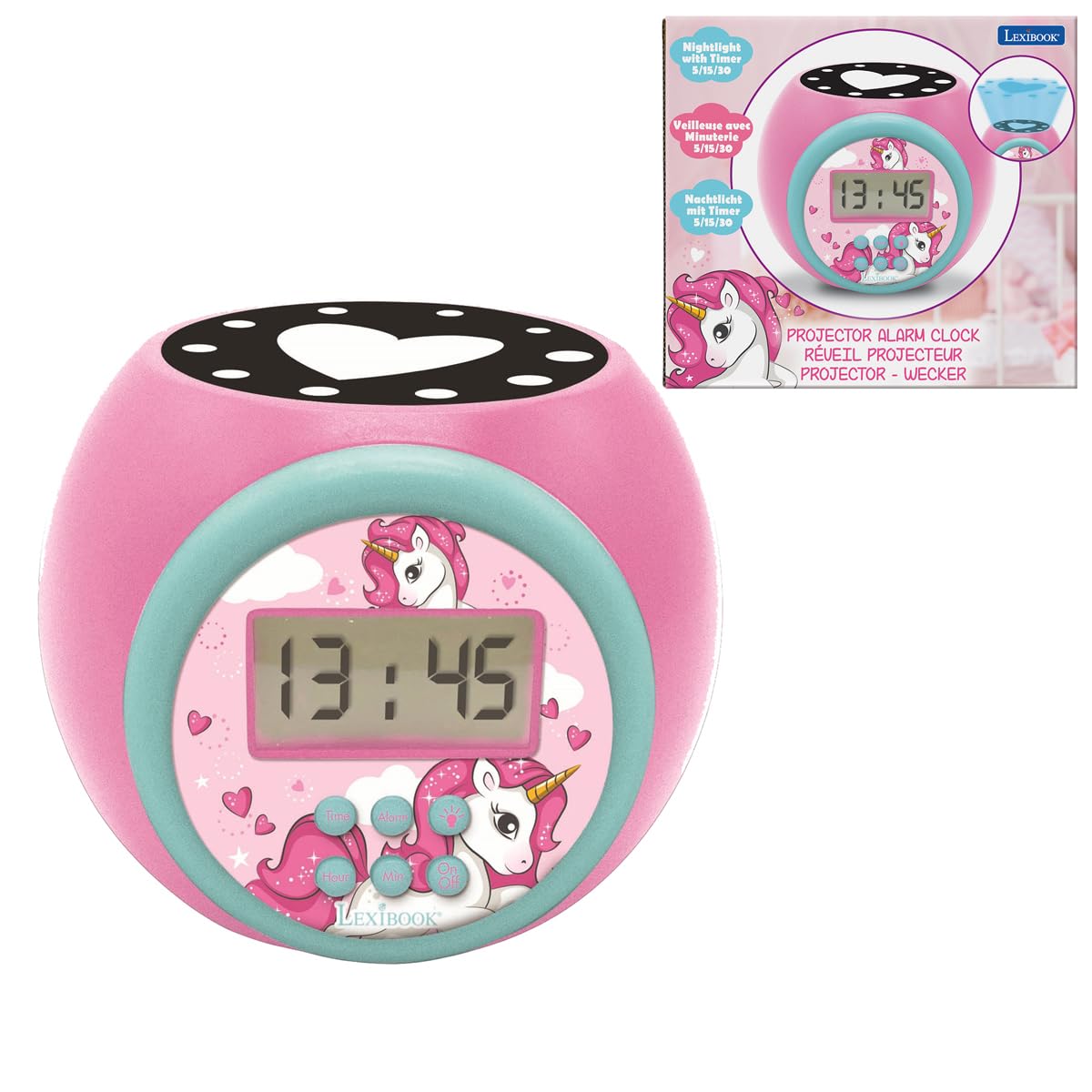 LEXIBOOK Projector Alarm Clock Unicorn with snooze function and alarm function, Night light with timer, LCD screen, battery operated, Pink, RL977UNI