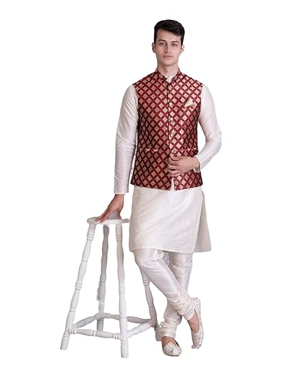 Men's Dupion Silk Kurta Churidar Pyjama with Ethnic Bundi Nehru Jacket/Waistcoat