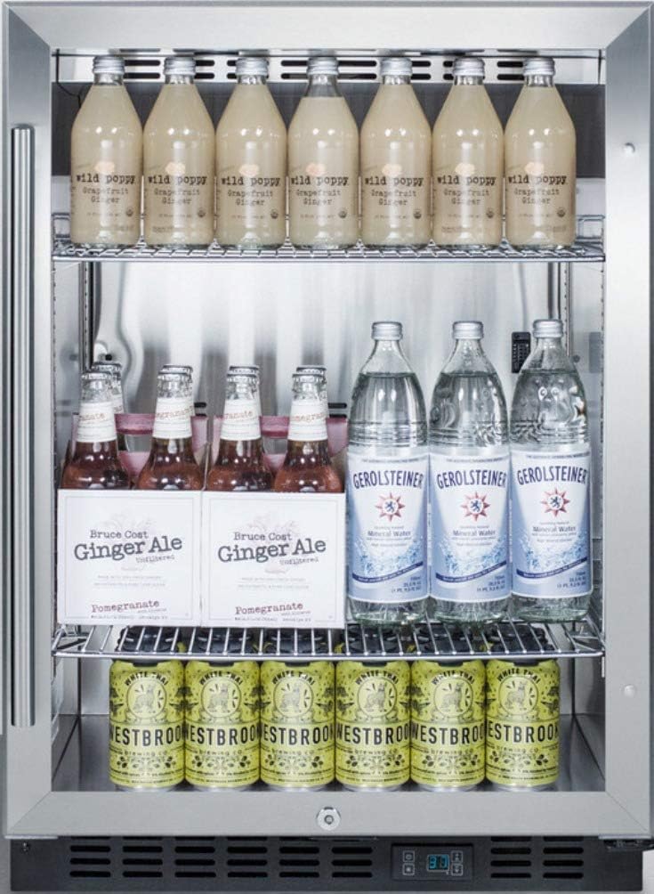 Summit 24" Undercounter Beverage Refrigerator with Reversible Glass Door | Commercial Display Fridge for Wine Beer Soda | 5.0 Cu Ft, (3) Shelves, 23.63"W x 23.5"D x 34"H, Stainless Steel, Black, NSF
