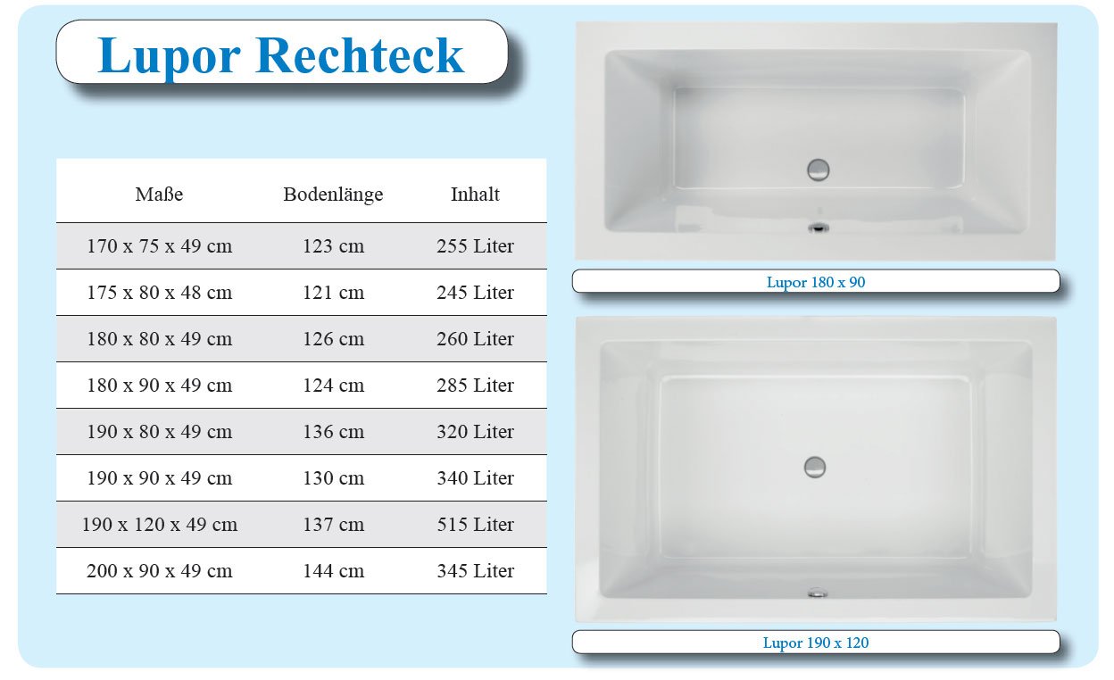 Rectángulo bañera acrílico lupor 190 x 90 x 49 cm blanco bañera