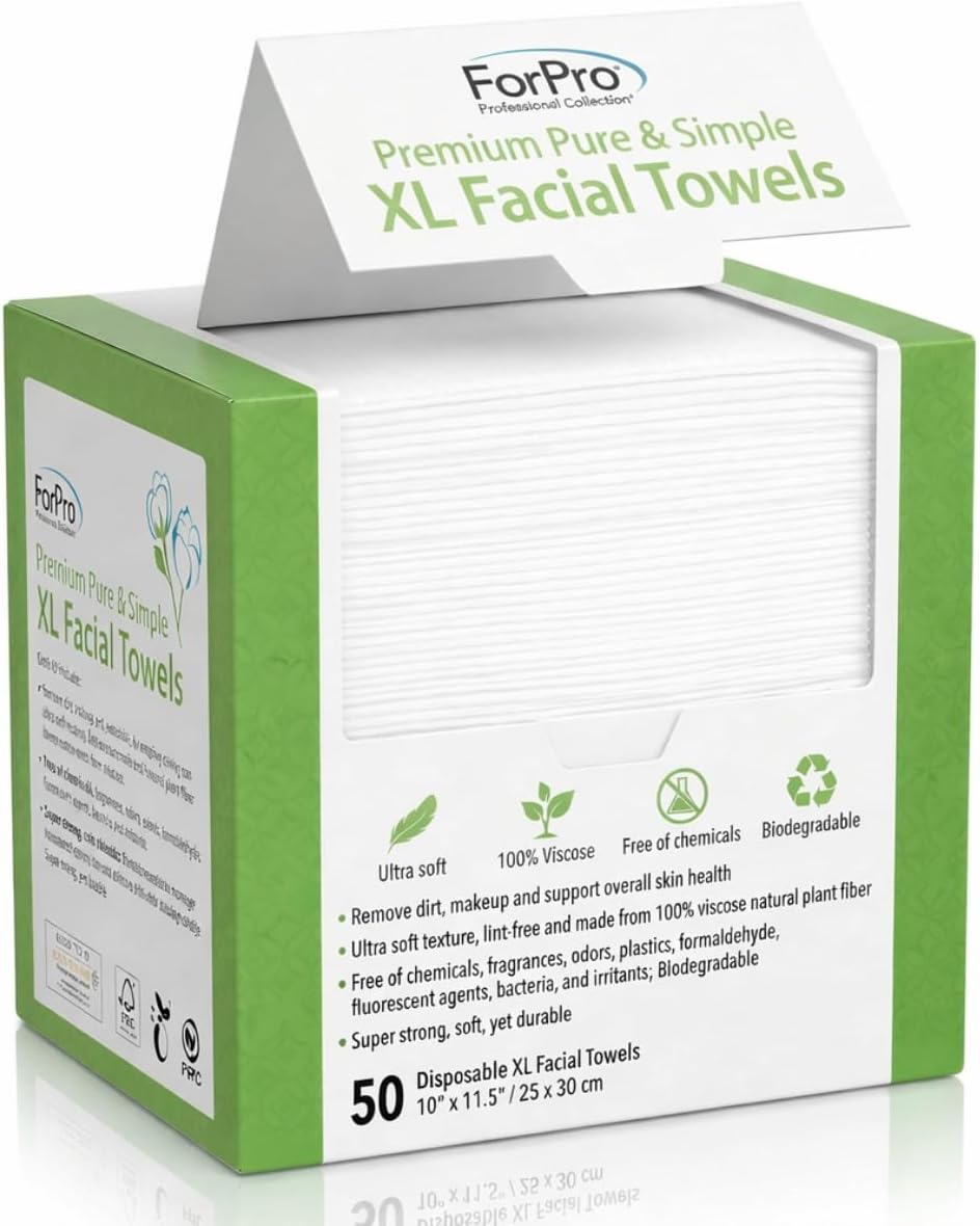 ForPro Disposable Face Towels for Sensitive Skin, XL Dry Wipes Makeup Remover, Ultra Soft Lint-Free Viscose Face Cloths, Chemical-Free Biodegradable Facial Towelettes, Vegan & Cruelty-Free, 50-Count