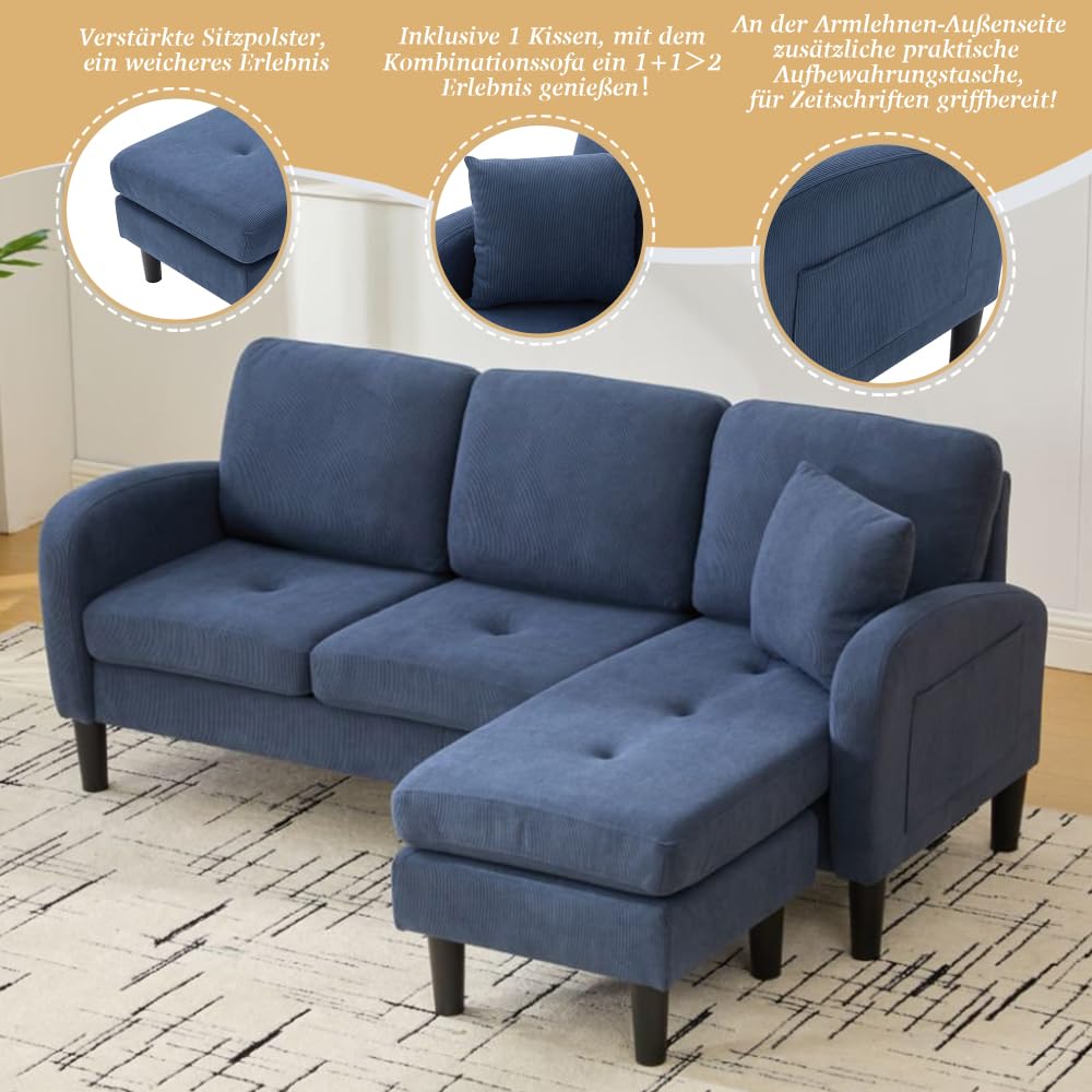 Divano angolare con chaise longue intercambiabili,divano 2-3 posti con 1 cuscino,tasche laterali,Divano imbottito,Gambe per sedie in plastica,design modulare,Velluto a coste,Blu(166x118x77 cm)