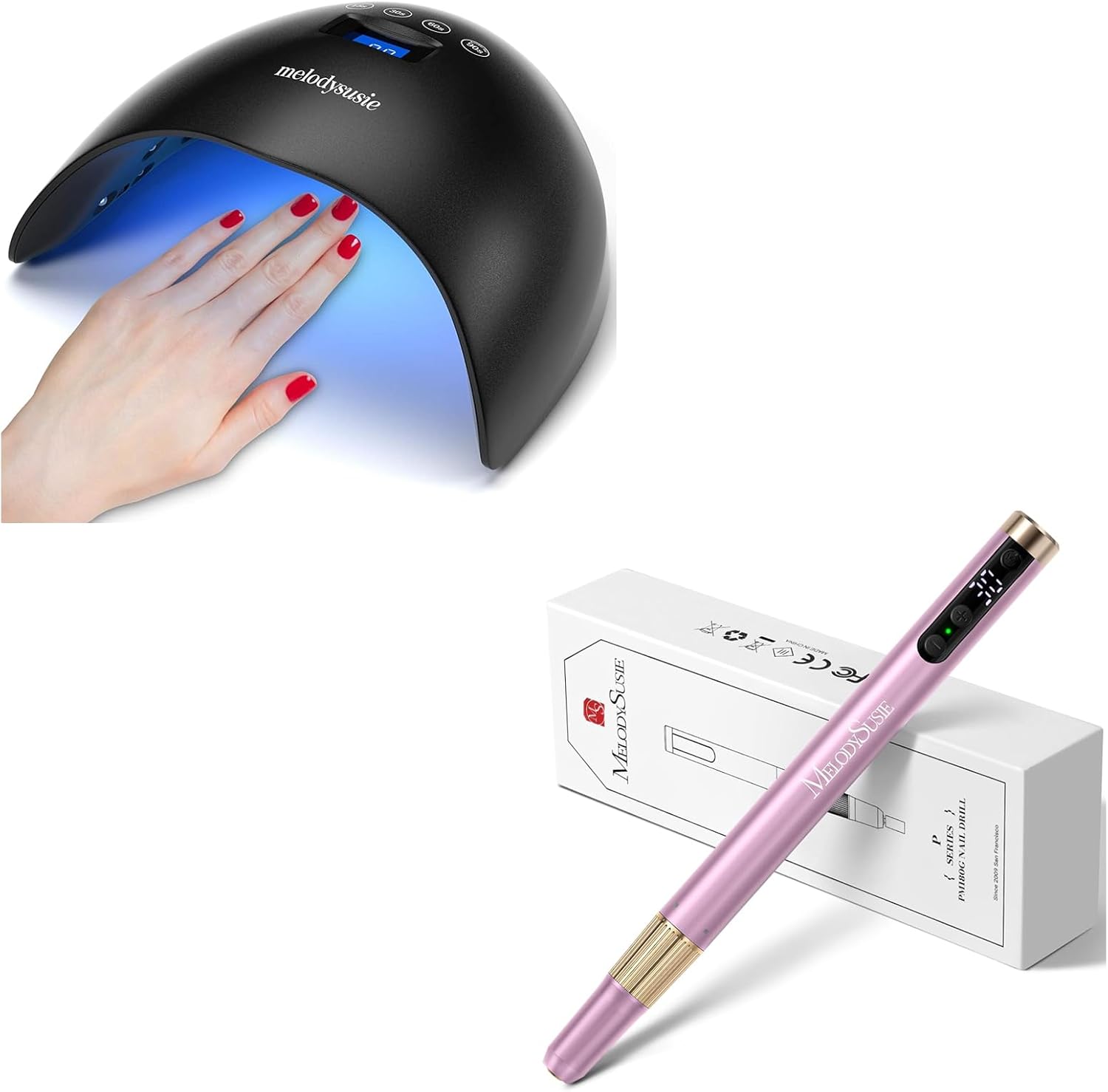 MelodySusie 48W LED UV Nail Lamp - Black & MelodySusie Portable Electric Nail Drill, PM180G Pink