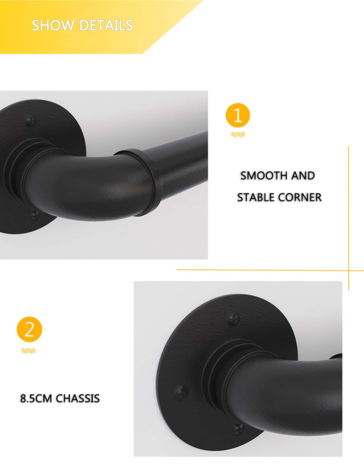 Industriel Garde-Corps pour escaliers Ensemble de Main Courante de sous-Sol Black Pipe Barre de Support en Fonte Marche extérieure intérieure, Supporte 440 Livres