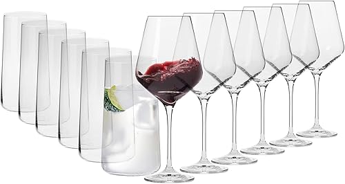 Krosno Juego de vasos | 6 copas de vino tinto de 16.6 onzas + 6 vasos altos de jugo de agua de 18.3 onzas | Cristal | Perfecto para el hogar,