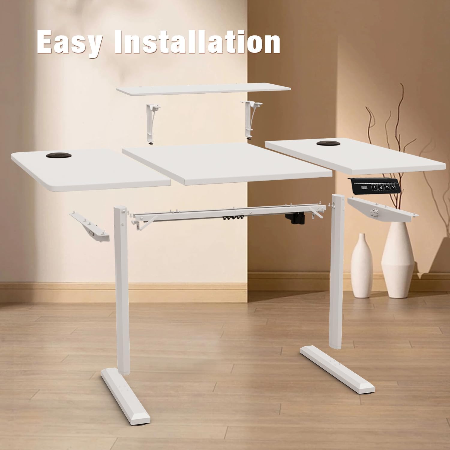 Exploded view diagram showing the components of the Devoko desk for easy installation.