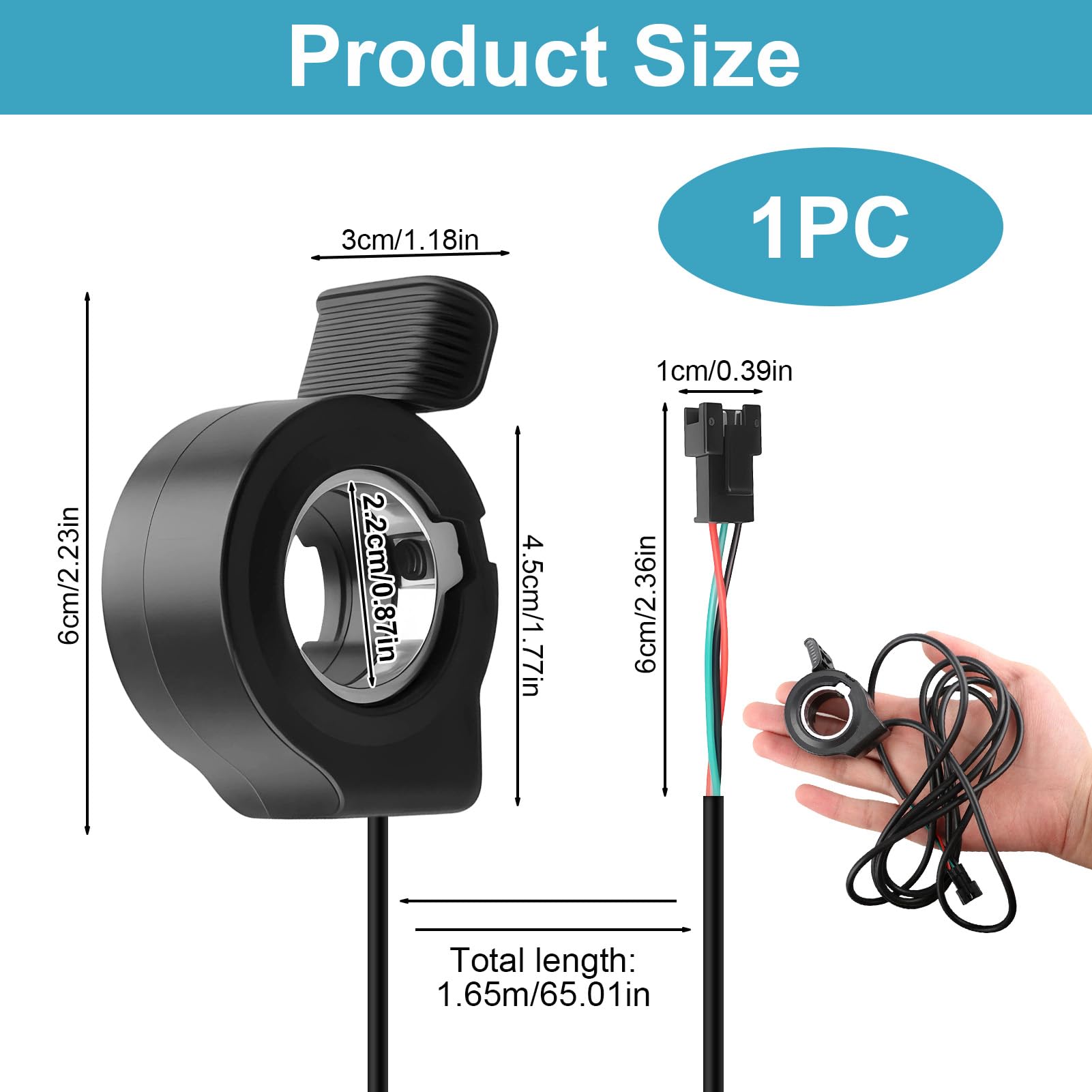 Universal Ebike Throttle for Electric Bike Scooter – Waterproof Thumb Accelerator Speed Control for 22mm Handlebar – 3 Pin Replacement Part for 24V-72V E-Bike Conversion Kit (Black) - 2