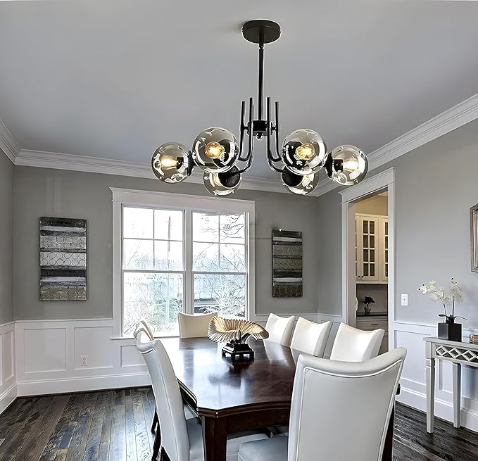Image of 6-Lights Chandelier Hanging Pendant Ceiling Light Lamp Modern Style Black Chandelier with Smokey Glass for- Kitchen, Hall, Lobby, Restaurant, Bar, Living Room, Bedroom, Hotel (Without Bulb)