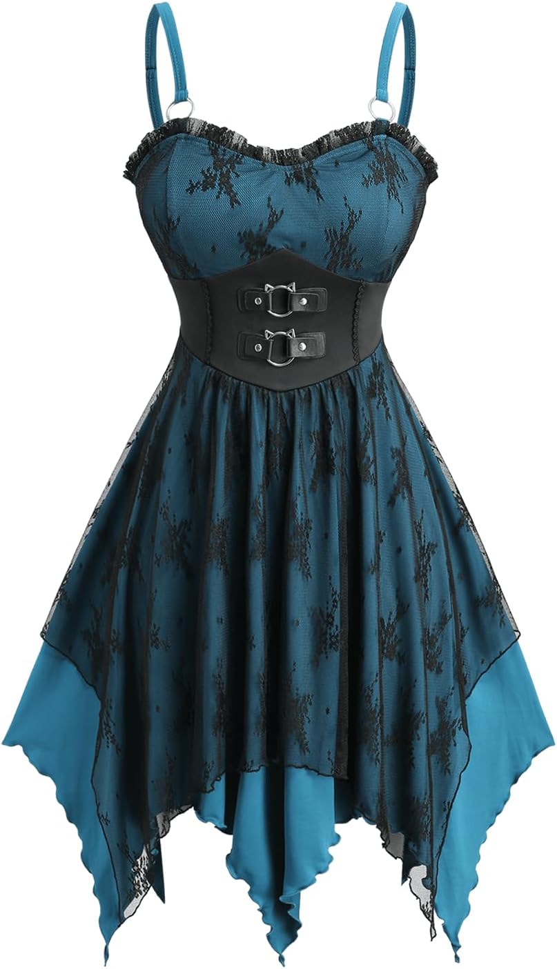ROSE GAL Women Plus Size Gothic Dress Spaghetti Strap Lace Overlay Midi Layered Handkerchief Hem Corset Dress