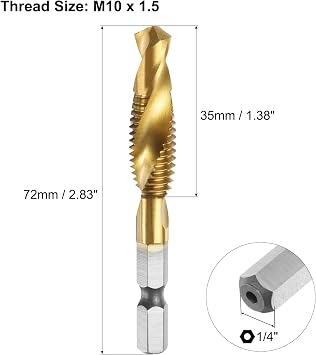 sourcing map 4pcs Combination Drill and Tap Bit, Metric M10 x 1.5 Thread 1/4 Hex Shank, Titanium Coated Threading Screw Taps Spiral Flute Tapping Tool, High Speed Steel (HSS) 4341