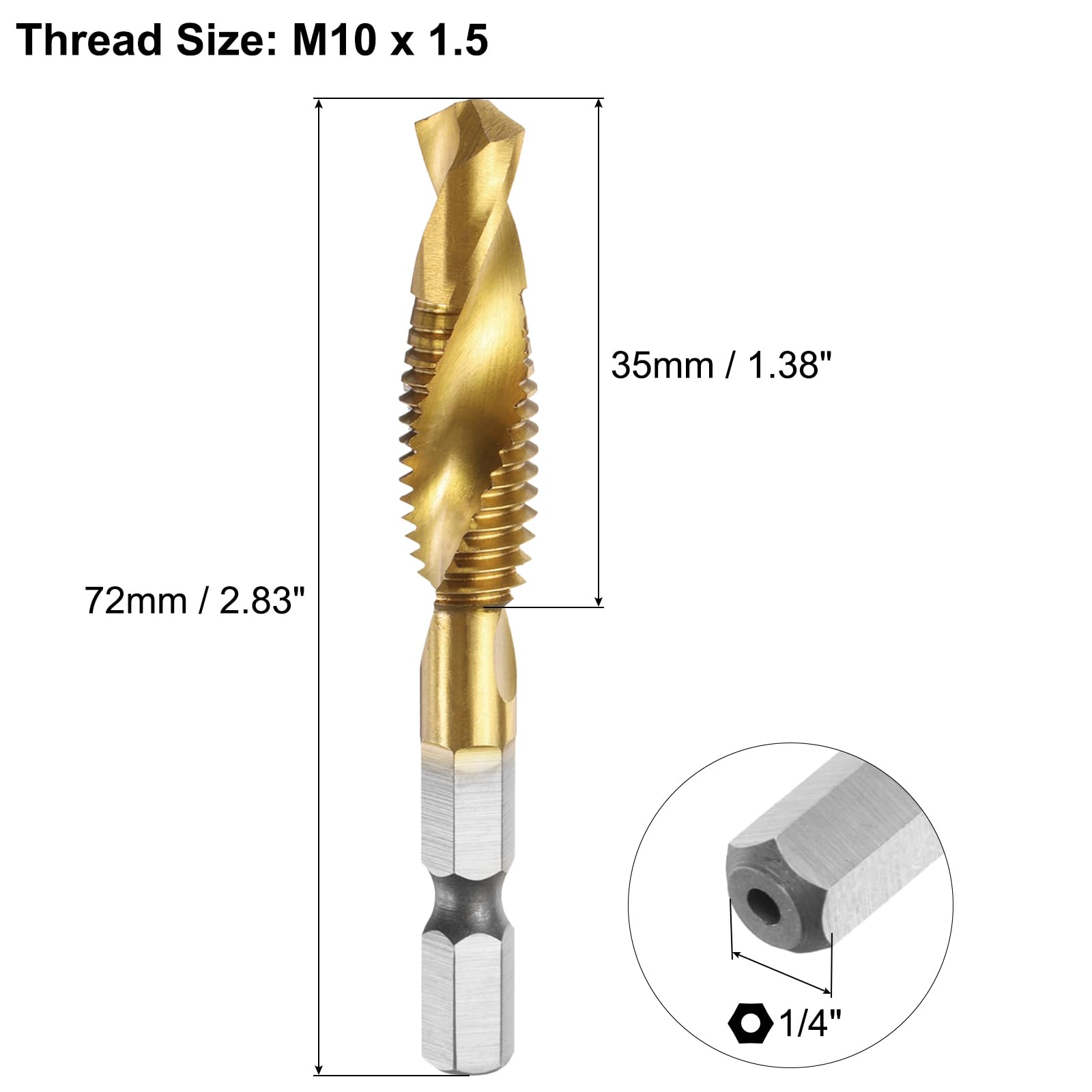 4 brocas combinadas para taladro y macho de roscar, rosca métrica M10 x 1,5, vástago hexagonal de 1/4", machos de roscar con revestimiento de titanio, herramienta de roscado de ranura espiral, acer
