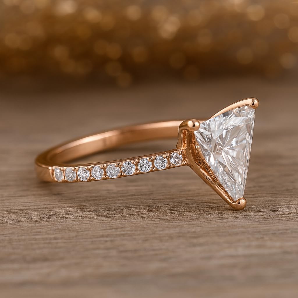 Triangle Cut Moissanite CZ Engagement Ring 14K Rose Gold Trillion Solitaire with Pave Band Unique Modern Promise Handmade Jewelry Gift For Her