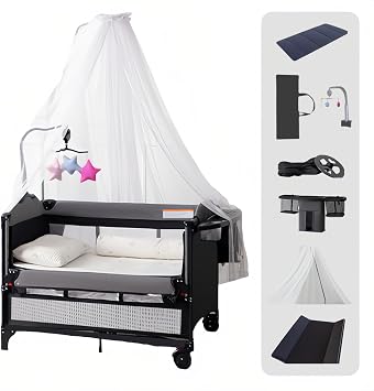Multifunktional Baby Beistellbett mit Neben Convertible Faltbar Co-Sleeping Babybett Ausgestattet Luxus Moskitonetz mit einem gro en Lagerkorb und beweglichen R dern 6602 Black