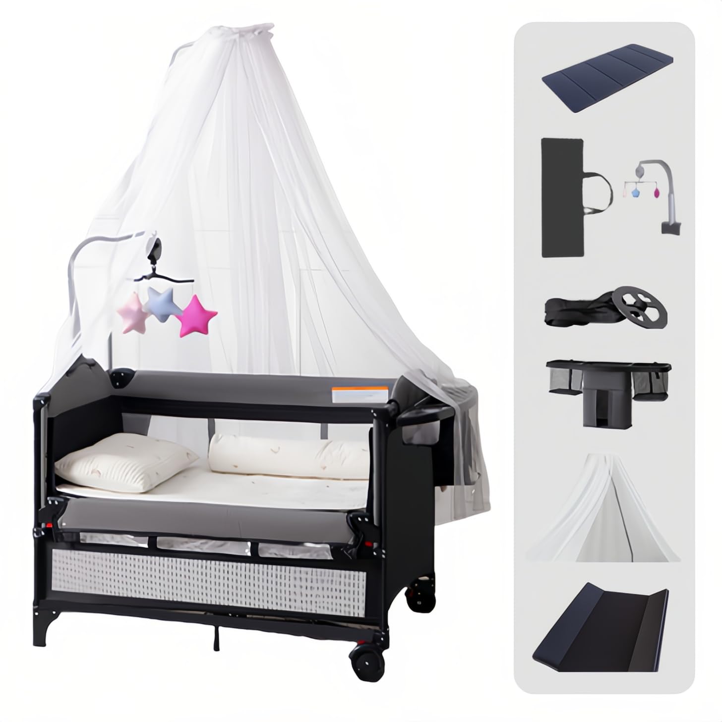 Cuna Colecho Bebe Next to me, Equipado con mosquiteros de Lujo, Cuna Viaje Plegable Multifuncional para, Ruedas móviles y una Gran Cesta de Almacenamiento (6602 Black)
