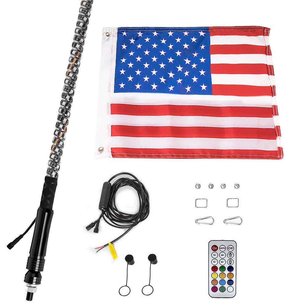 LED Whip Lights with Flag 3FT 360° Spiral LED Whips Lighted Antenna Whips RGB Lights Multi-Color Remote Control Warning Lights for Offroad Vehicle ATV UTV RZR Trucks Jeep Dunes Motorcycles Boat