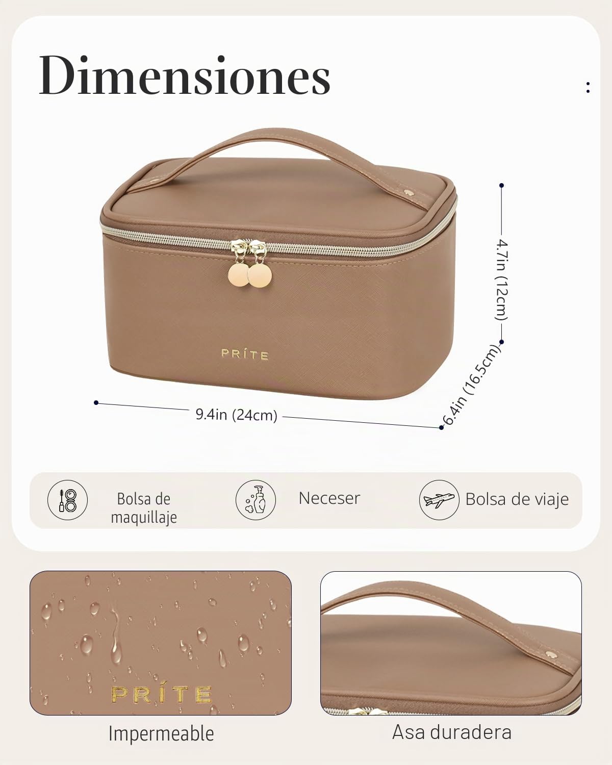 Estuche de Maquillaje Prite, Bolsa de Cosméticos de Viaje de Gran Capacidad Portátil, Organizador de Maquillaje Impermeable para Mujeres con Asa y Divisores (001 Marrón)