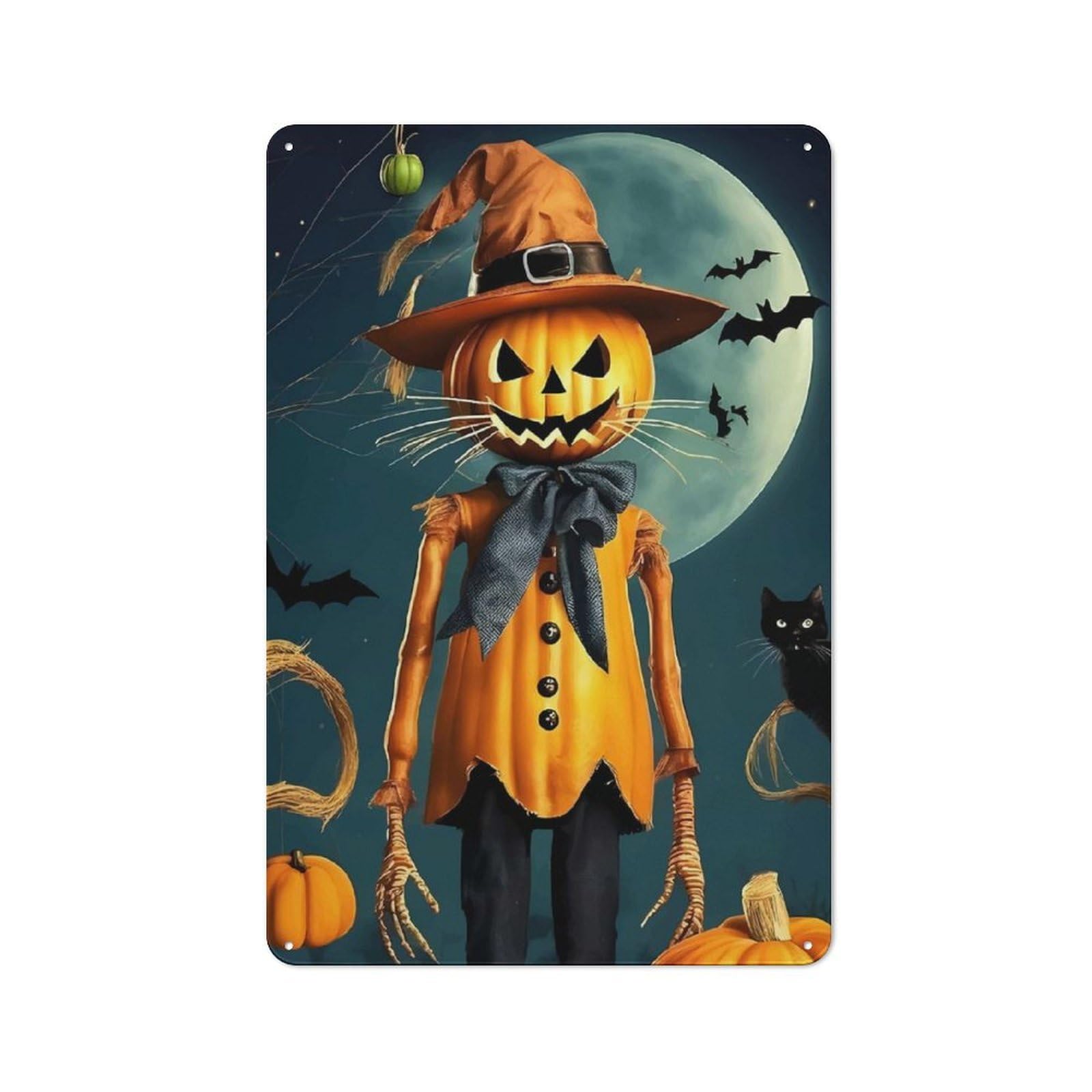Junmoney Pumpkin Scarecrow Halloween Rustic Metal Sign 30X20cm For Guest Room Or Hallway, Suited To Hallway Wall Decor Fans