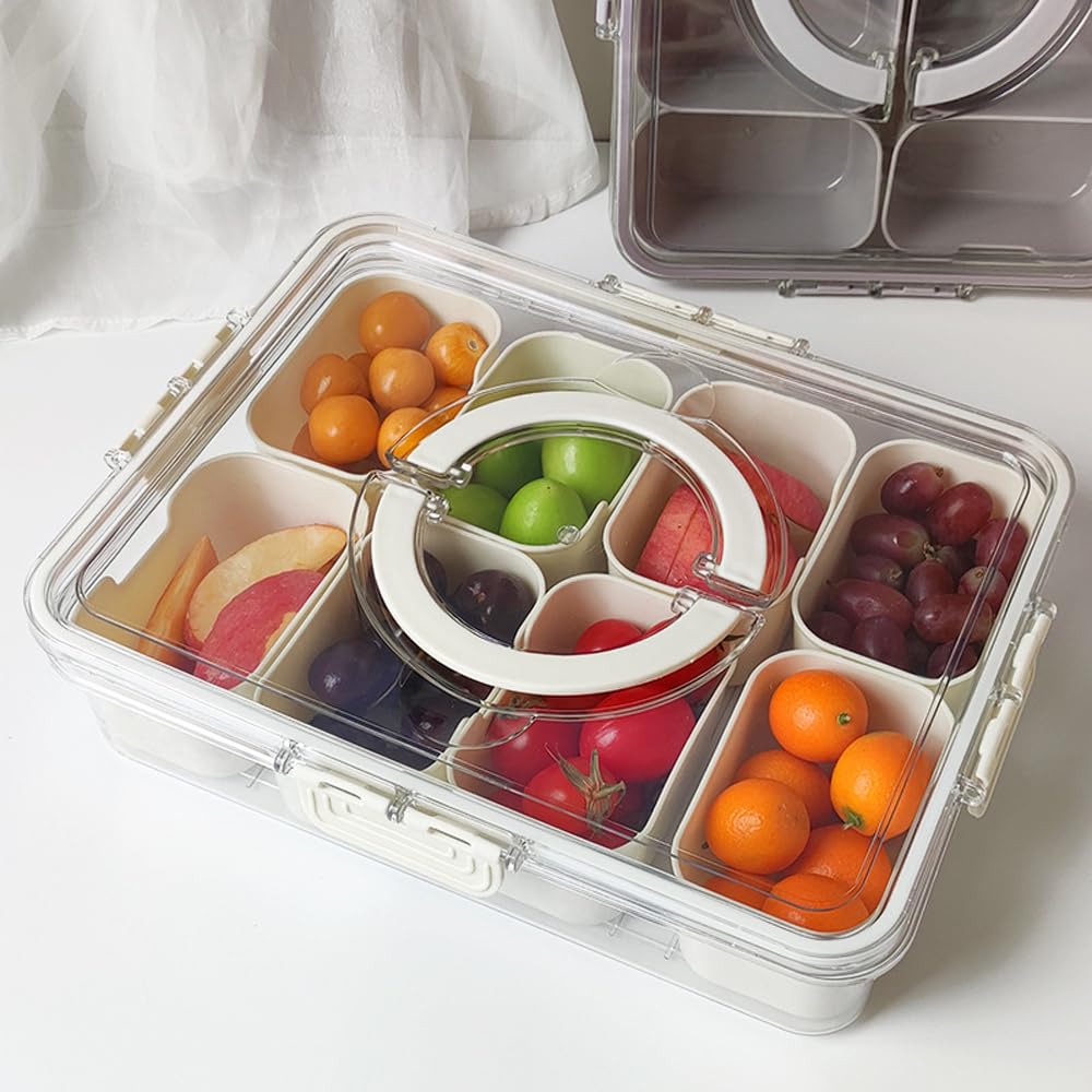 Piatto Snack Rotondo Girevole Con 6 Scomparti E Coperchio – Contenitore Portatile Per Caramelle, Frutta, Biscotti – Con Manico E Tenuta Ermetica - 5