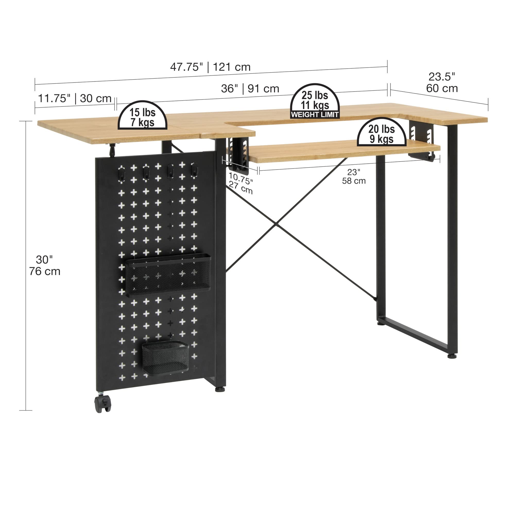 Table de couture en ligne avec panneau de rangement pliable, pieds en bois/noirs – Table pour machine à coudre avec plate-forme réglable, extension à rabat, crochets de rangement et paniers - 13395