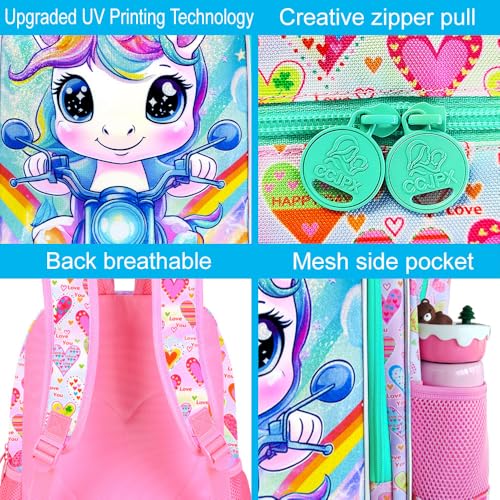 Image of 3Pcs Unicorn Backpack for Girls, 16 inch School Backpacks Set for Elementary Preschool Kindergarten, Kids Motorcycle Bookbag with Lunch Box(Pink)