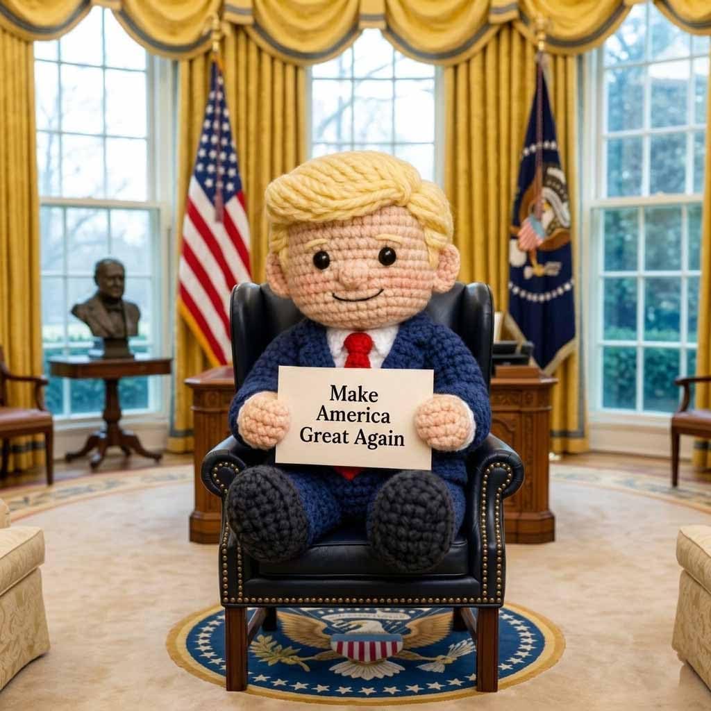 Donald Trump Crochet Emotional Support Doll - Handmade "Make America Great Again" Knitted Plushie with Red Tie & Card - Funny President Trump Gag Gift, Merchandise Memorabilia for Men Women (1PCS)