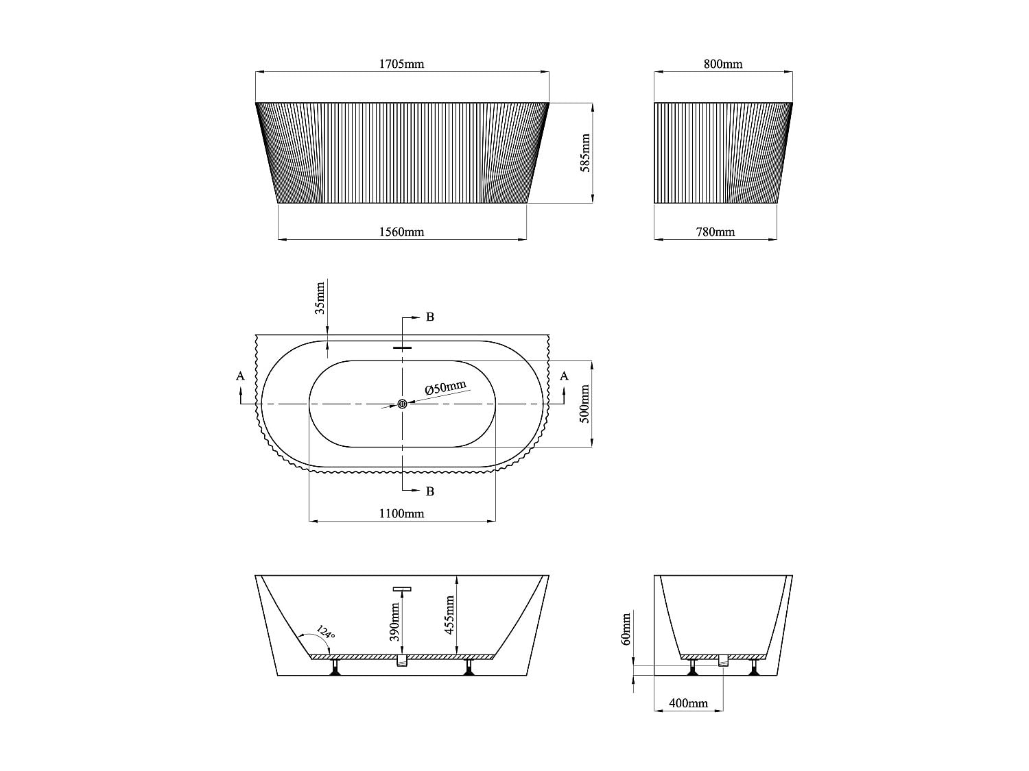 Vente-unique - Vasca da bagno semi-freestanding scanalata 250 litri 170,5 x 80 x 58,5 cm Bianco lucido Acrilico - ZELINA