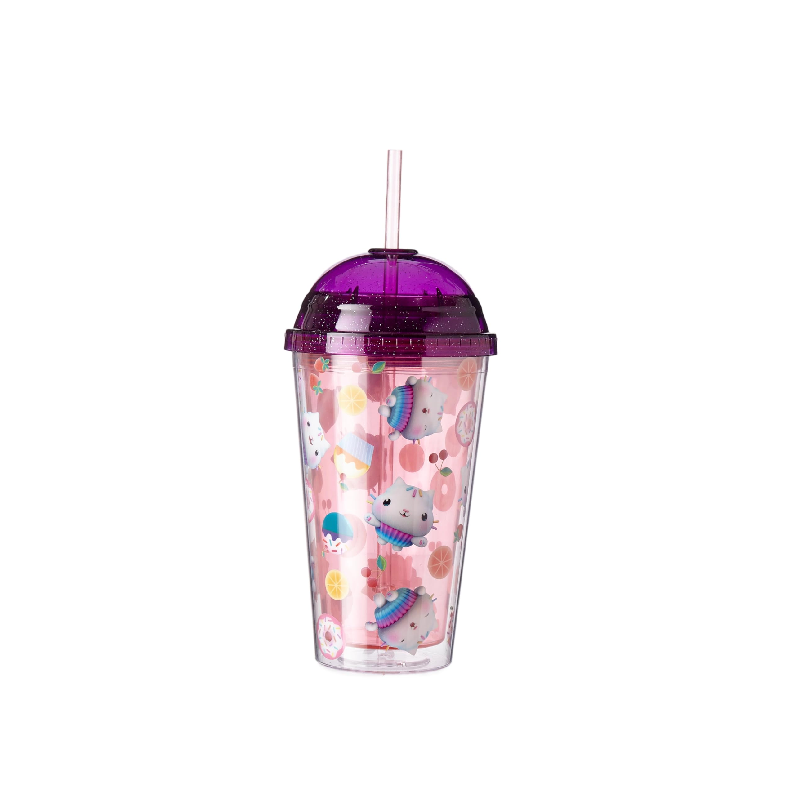 Gabby’s Dollhouse 3D Soda Cup 450ml with Dome Lid & Straw, Dual‑Layer Kids Tumbler Featuring Gabby, Pandy Paws & Cakey Cat