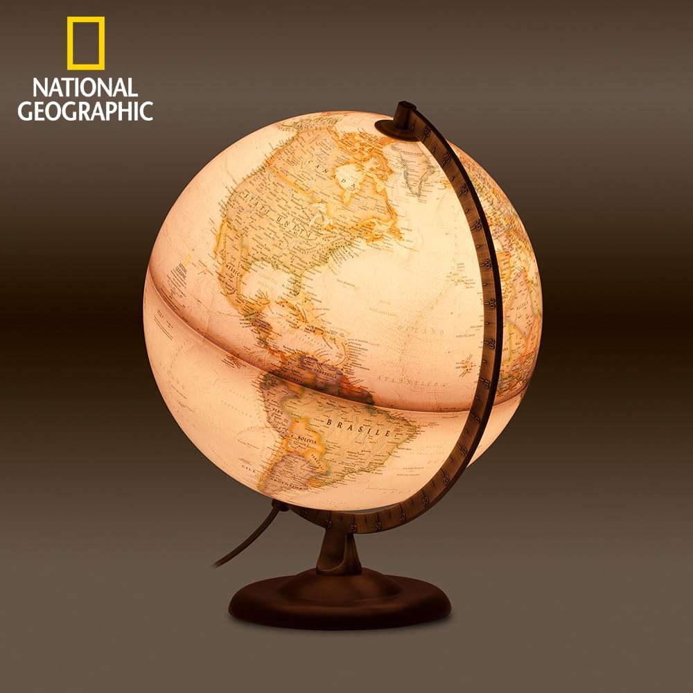 Tecnodidattica - Mappamondo National Geographic Gold Executive | Cartografia Fisico-Politica Stile Antico | Luminoso | Base in Legno e Meridiano in Metallo | Testi in Italiano | Diametro 30 cm