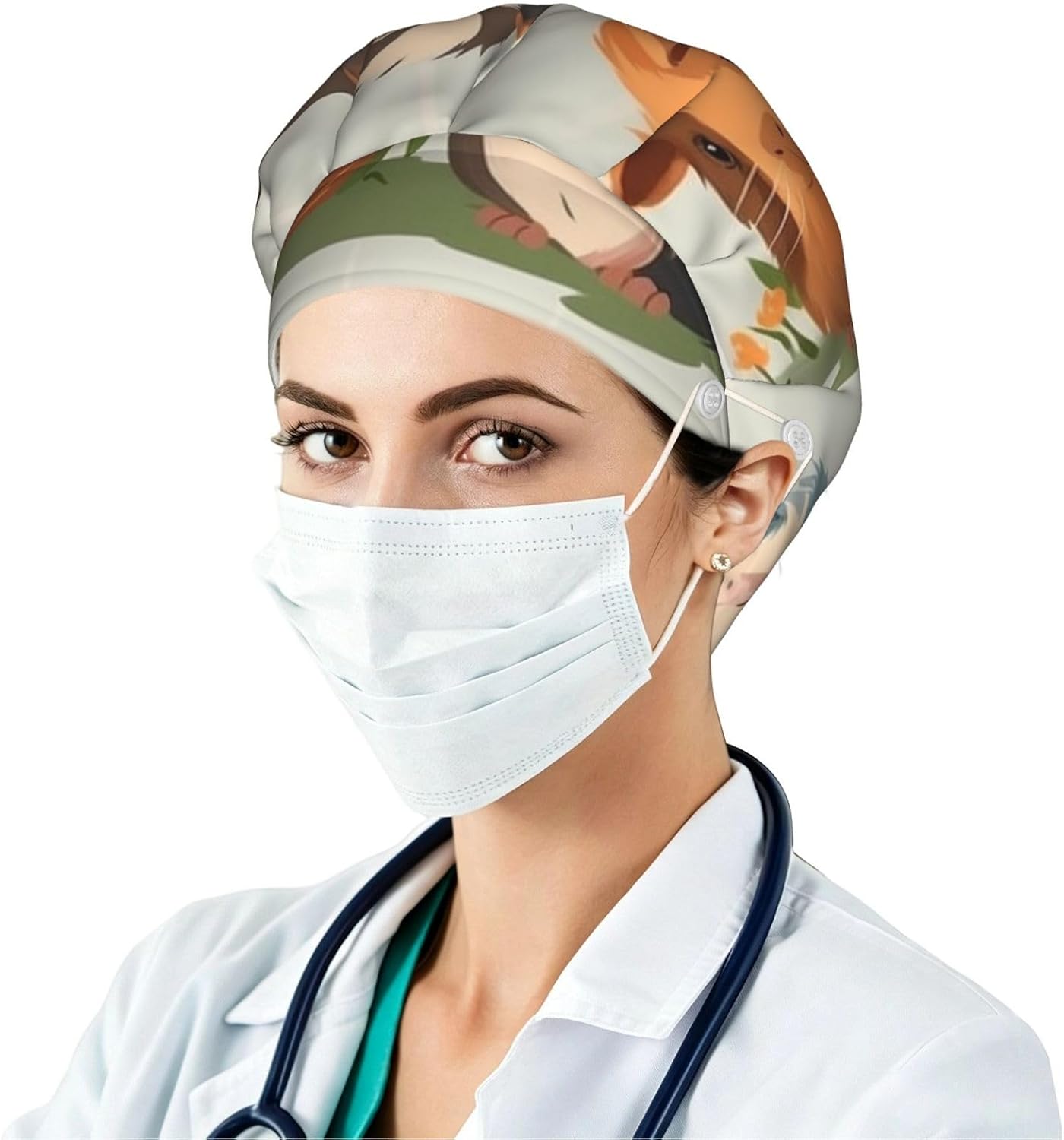 Animal Illustration Bouffant Cap with Buttons, Sweatband Cap Black