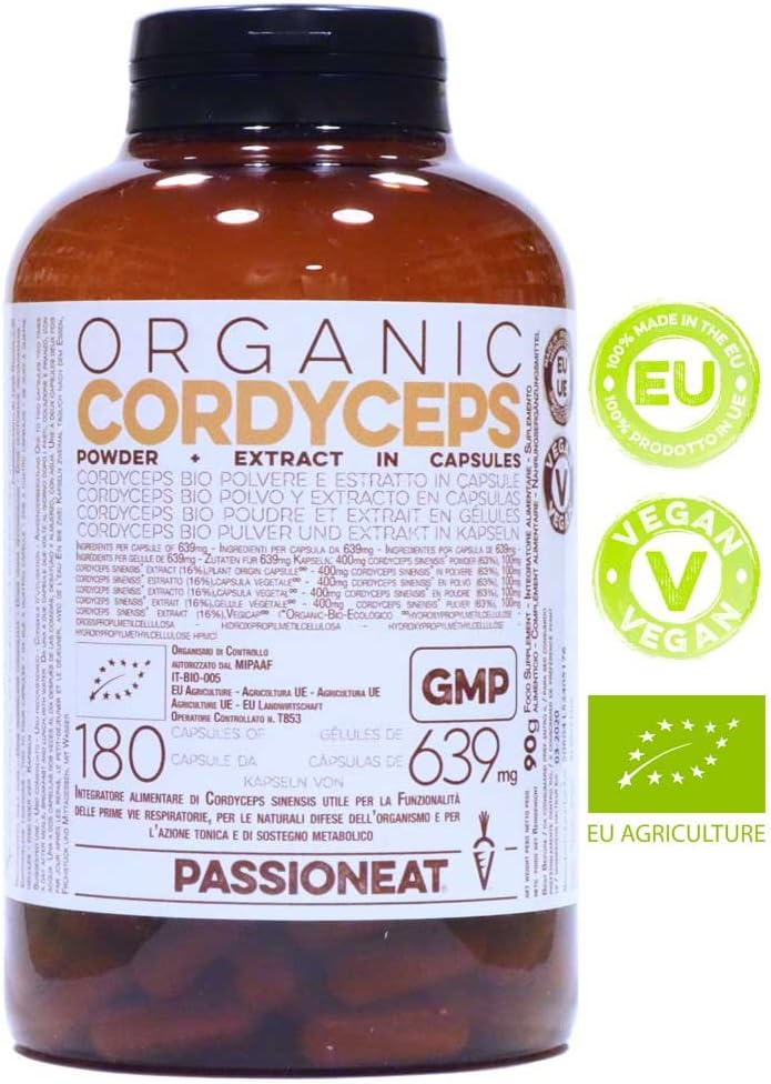 Organic European Cordyceps sinensis - Powder and Extract - 180 vegcaps of 639mg