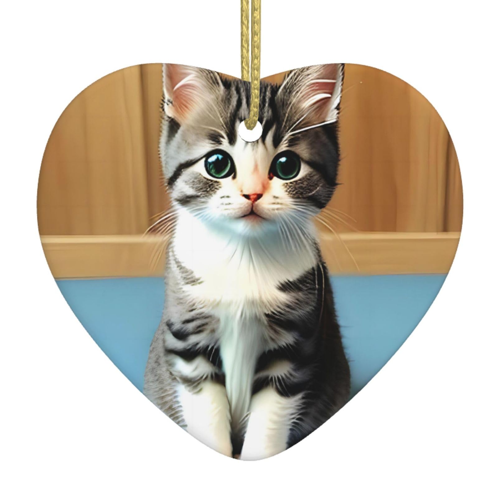 Bedroom Kitten Ceramic Christmas Heart Pendant with Silk Thread, Christmas Tree Home Decoration