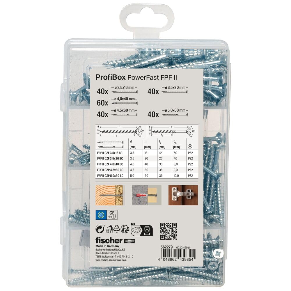 fischer Meister-Box PowerFast II Chipboard Screw, Presorted Assortment Box with 220 Blue-Galvanised Screws, Countersunk Head, PZ Drive, Partial Thread and Full Thread, Universal Set for Mounting