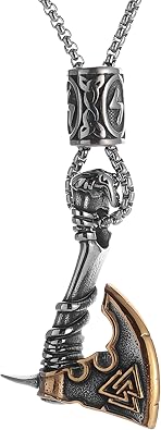 Viking Axe Pendant Necklace, Antique Silver and Bronze, 24 Inch Chain, Norse Amulet