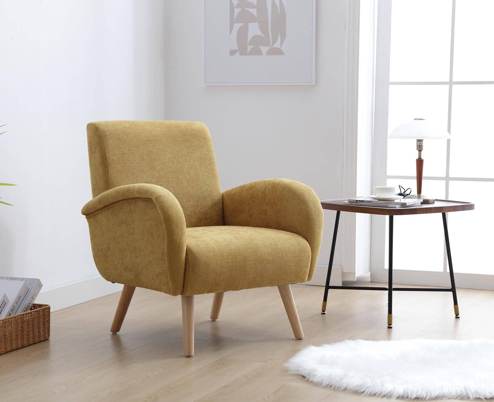 Ya-Home Sessel Wohnzimmer Loungesessel aus Chenille Polstersessel mit Holzbeinen, Clubsessel Sofa für Wohnzimmer/Schlafzimmer, Gelb