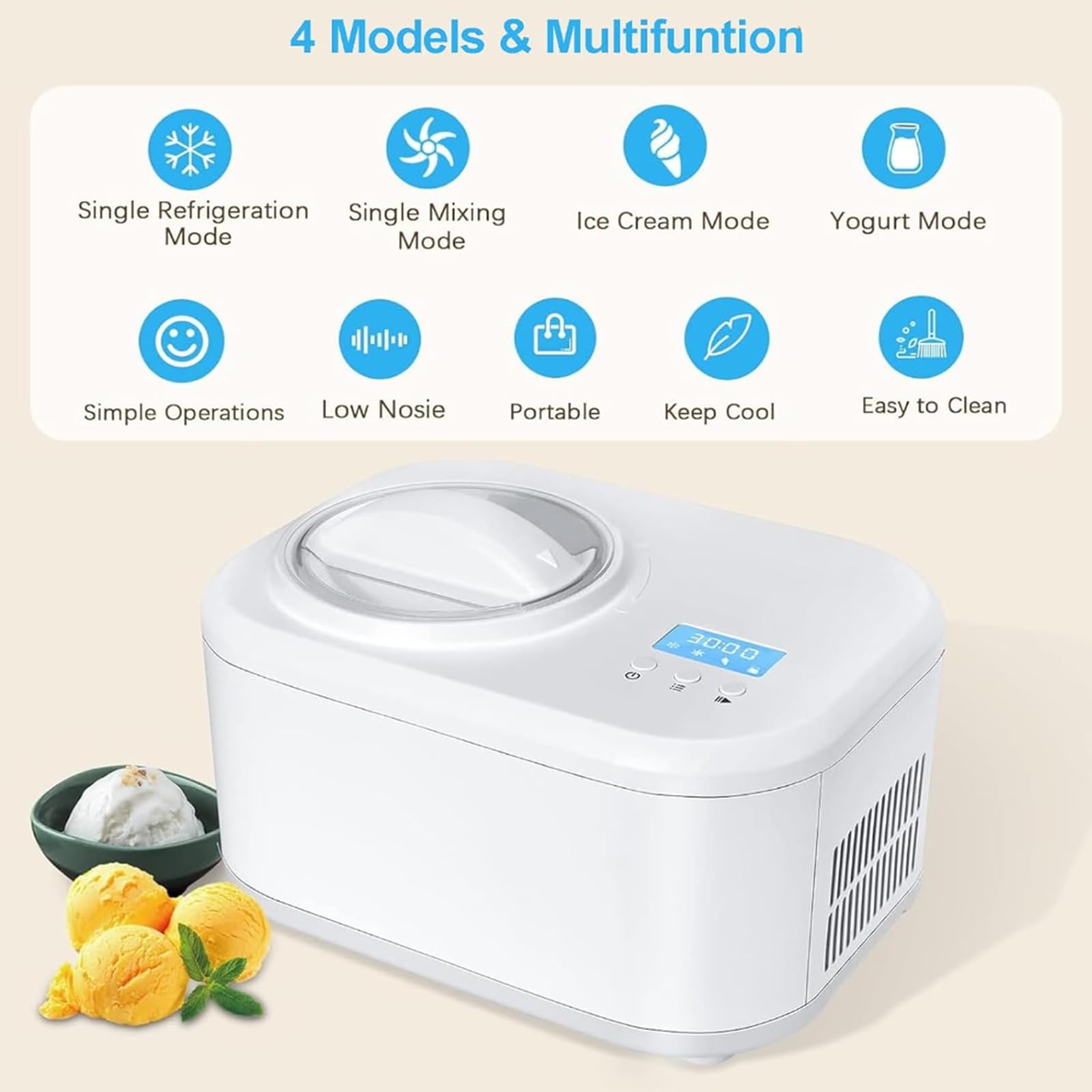 Heladera Automática, 1L Heladera con Compresor Y Pantalla LCD, Terminado En 30min, Sin Precongelación, Desmontable Fácil De Limpiar, Máquina De Yogurt Congelado Sorbete para Cocinas Caseras