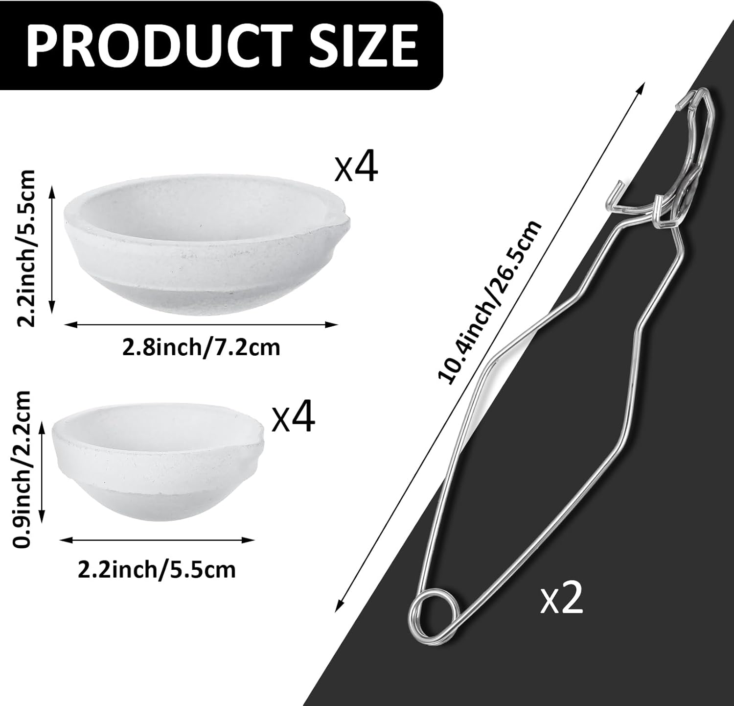 10 Pcs Crucibles for Melting Metal Kit, 4 Pcs Ceramic Quartz Crucibles & 4 Pcs Enlarged Ceramic Quartz Crucibles & 2 Pcs Gold Silver Copper Whip Tongs Handle 2A, Jewelry Refining Casting Pot
