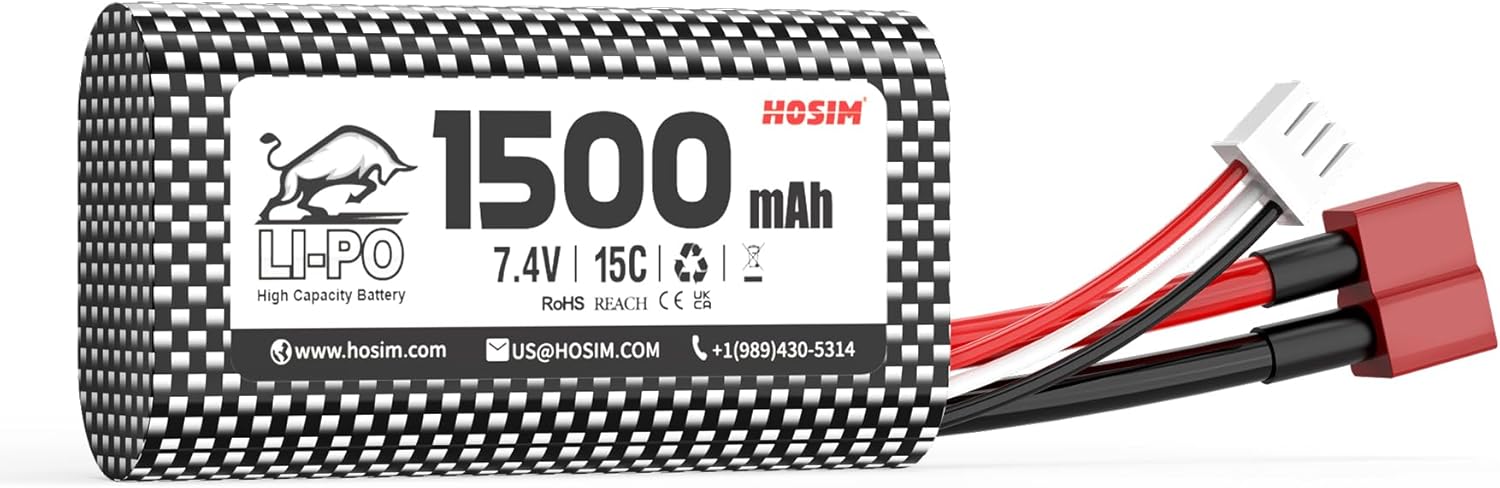 Hosim 7.4V Lipo Battery 2S 1500mAh 15C Rechargeable Battery X6-1500 with Hyper Power for X06 X05 1/10 High Speed RC Car Accessory Supplies