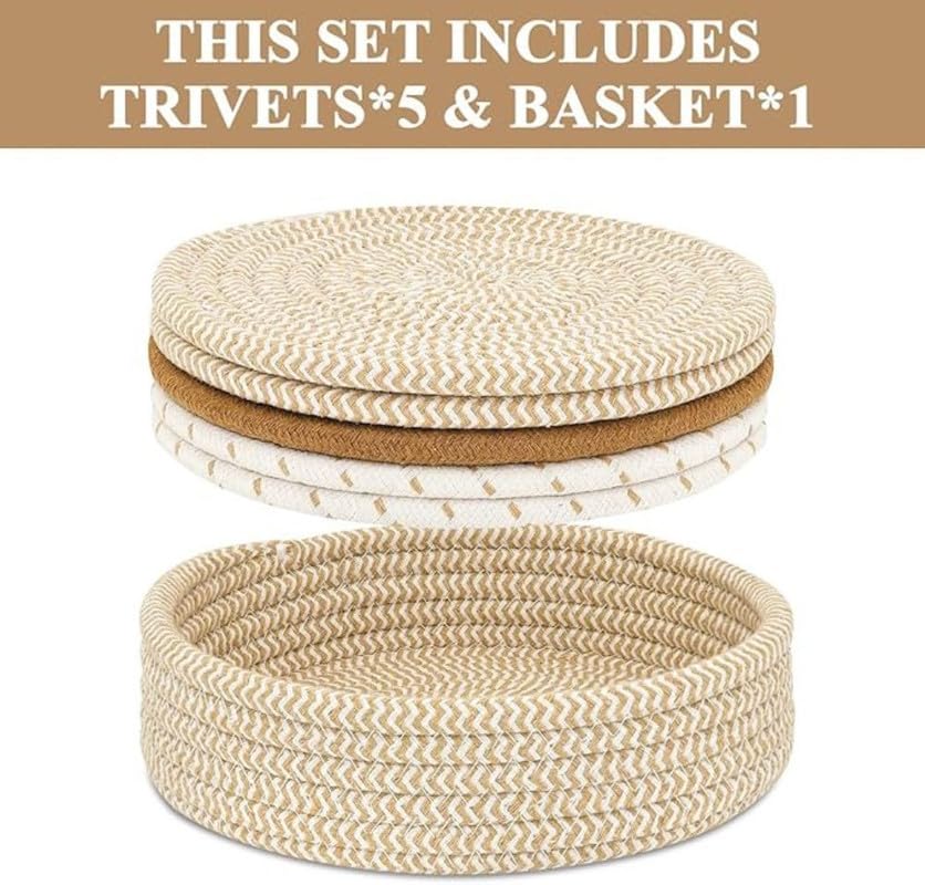 Image of Mansa for Hot Dishes, Pots and Pans, Hot Pads with Storage Basket, Pot Holders for Kitchen, Heat Resistant Mat Protect Counter Home Essentials, Farmhouse Decor (Pack of 5 with Cover) Multi Beige