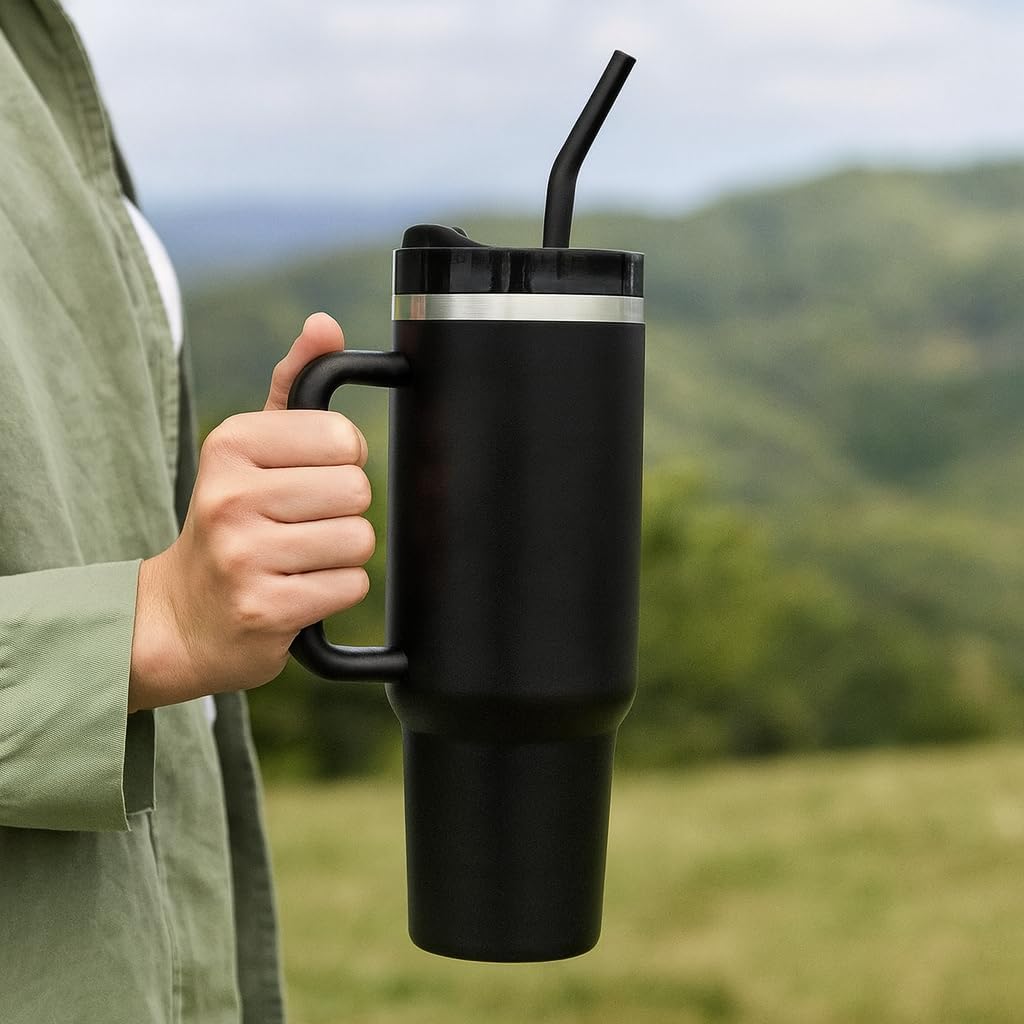 40oz Insulated Tumbler with Handle and Straw Lid – Black Stainless Steel Travel Mug – Leakproof, BPA-Free, Fits Cup Holders – Ideal for Cold & Hot Drinks, Coffee or Protein shake. - Image 5