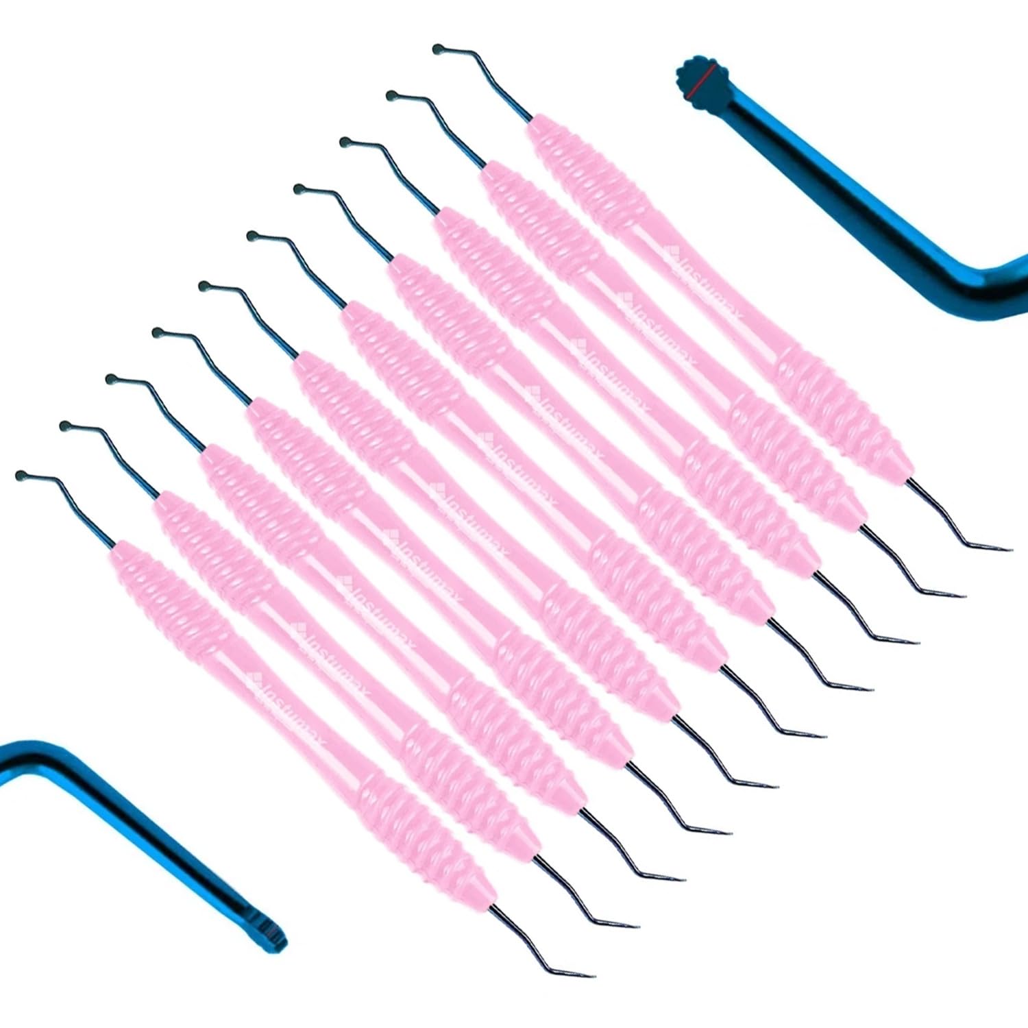 10Pcs Gingival Retraction Cord Packer Serrated Set – Double-Ended Silicone Pink Handle – Blue Tips Dental Packing Instruments for Crown & Bridge, Implant, and Restorative Procedures