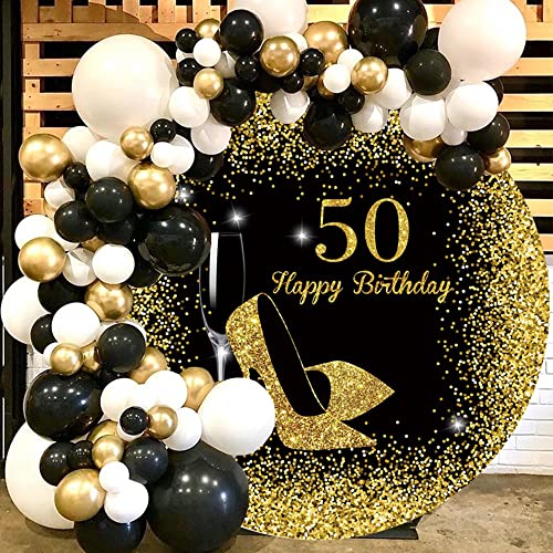 OERJU 7.2x7.2ft Happy 50th Birthday Round Backdrop for Women Black Gold Glitter High Heels Champagne Photography Background Circle Backdrop Cover Birthday Party Banner Decorations Photo Studio Props by OERJU - Used condition - Image 4