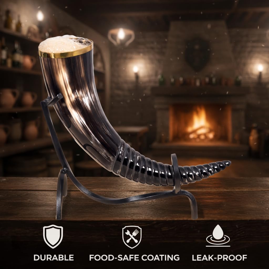 Divit Genuine Viking Drinking Horn with Iron stand | Authentic Medieval Beer Drinking Horn | Brass Adornments & Burlap Gift Sack Included | 16 oz capacity (Swirl Carved, Polished)